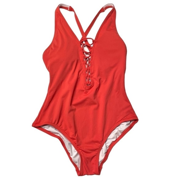 Michael Kors Safari Solids Lace-up Cross-back One-piece Swimsuit Red Size 10 - Picture 1 of 8